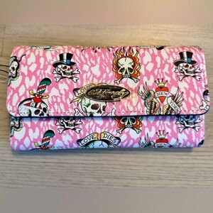 Nwt Ed Hardy Wallet Snap Close Bifold Pink White Leopard Print Skull Design